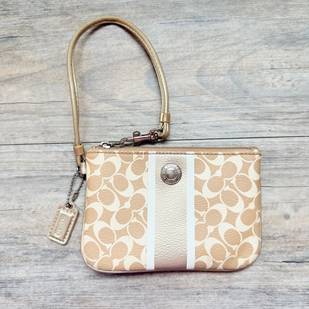Coach Heritage Stripe Chelsea Signature Canvas Wristlet Khaki Gold Y2K Hangtag